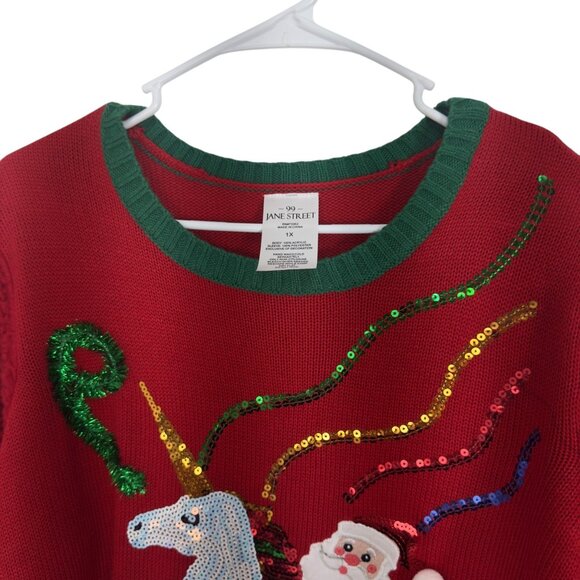 Jane Street Womens SZ 1X Christmas Unicorn Sweater Red Green Sequined Knit - Picture 3 of 8